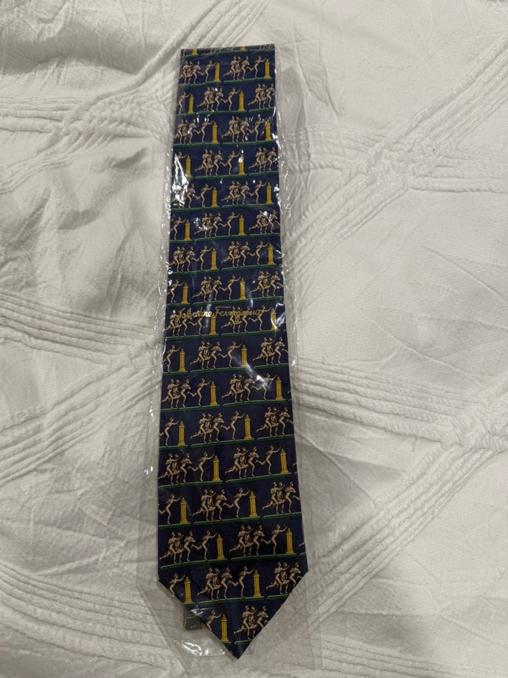 Salvatore Ferragamo Navy Silk Tie with Yellow & Green Motif